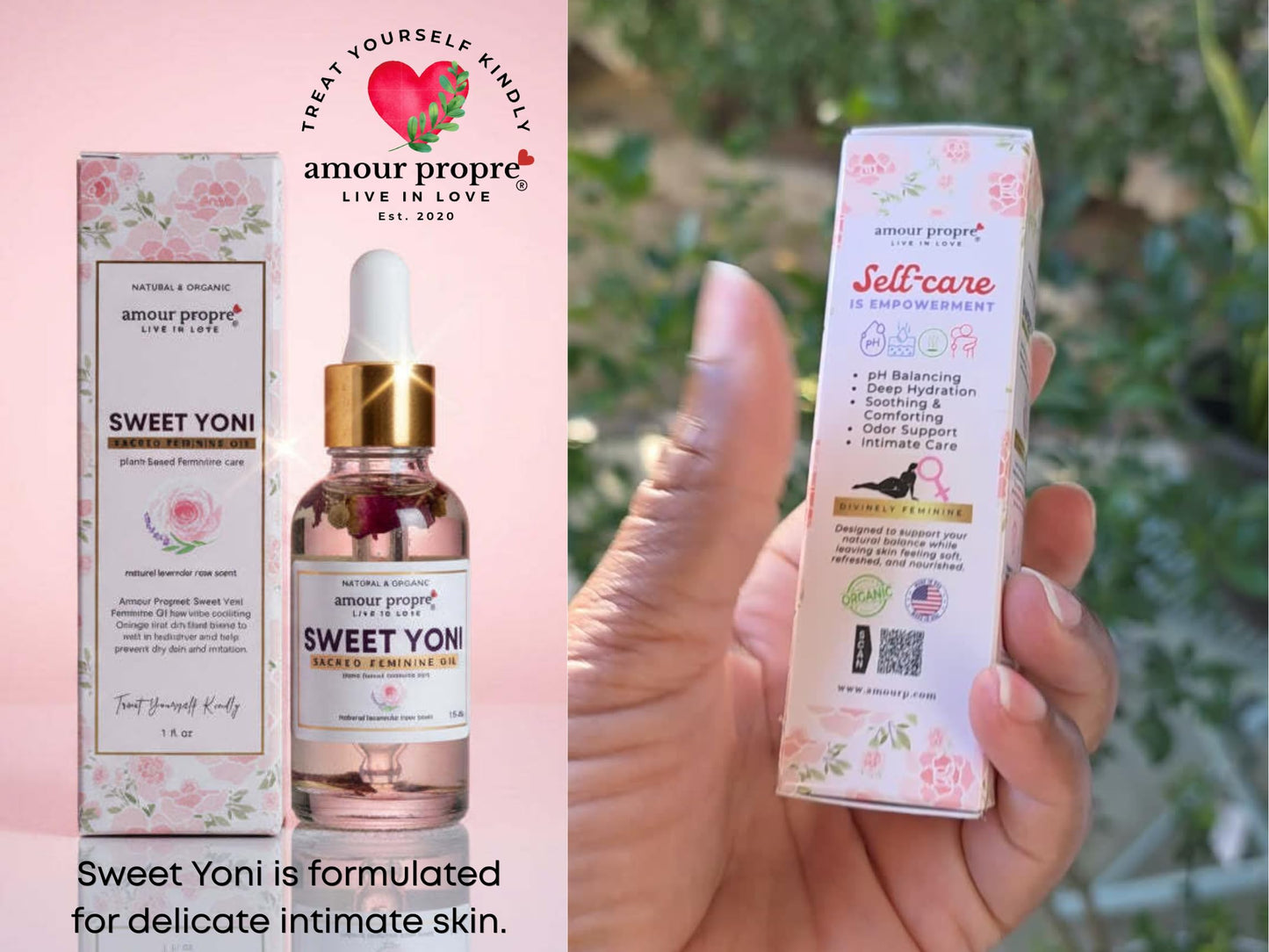Sweet Yoni Feminine Oil by Amour Propre Plant-Based External Care | Lightweight Hydration | Daily Self-Care Essential | 1oz or 2 oz (2 oz)