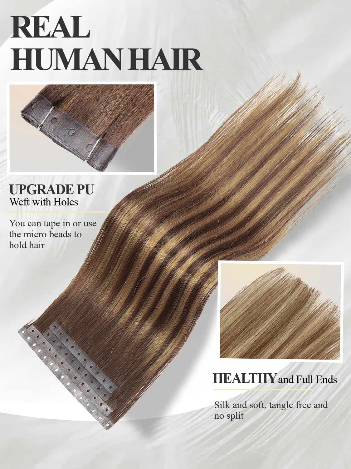 Invisible Weft Hair Extensions - Real Human Hair PU Skin Weft | Seamless T4/27 Balayage Caramel Blonde (16 Inch, 35g, 4 Pcs)