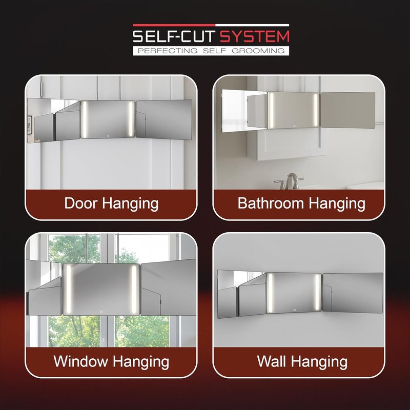 Self-Cut System 3-Way Mirror with LED Lights - 360° Trifold Design for Men & Women | Impact-Resistant, Fits Standard Door, 14” L x 1” W - Black