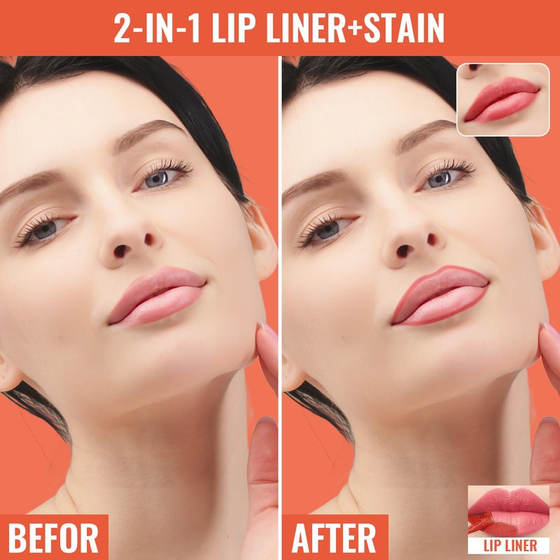 Vevivia 2pcs Lip liner Stain Peel Off,2-in-1 Lip Liner with Tweezer,Lip Stain Waterproof Long Lasting,Non-Fading Peel Off Lip Color,Stay On All Day,Perfect for Gift,Highly Pigmented Color(Mauve+Rose)