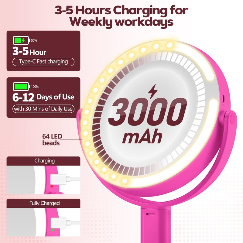 MOMOKUBA Makeup Mirror with Lights, 30X Magnifying & Height Adjustable, Lighted Magnifying Mirror with 3 Light Modes and Stepless Dimming, Vanity Mirrors for Bathroom, Birthday Gift for Women, Hotpink
