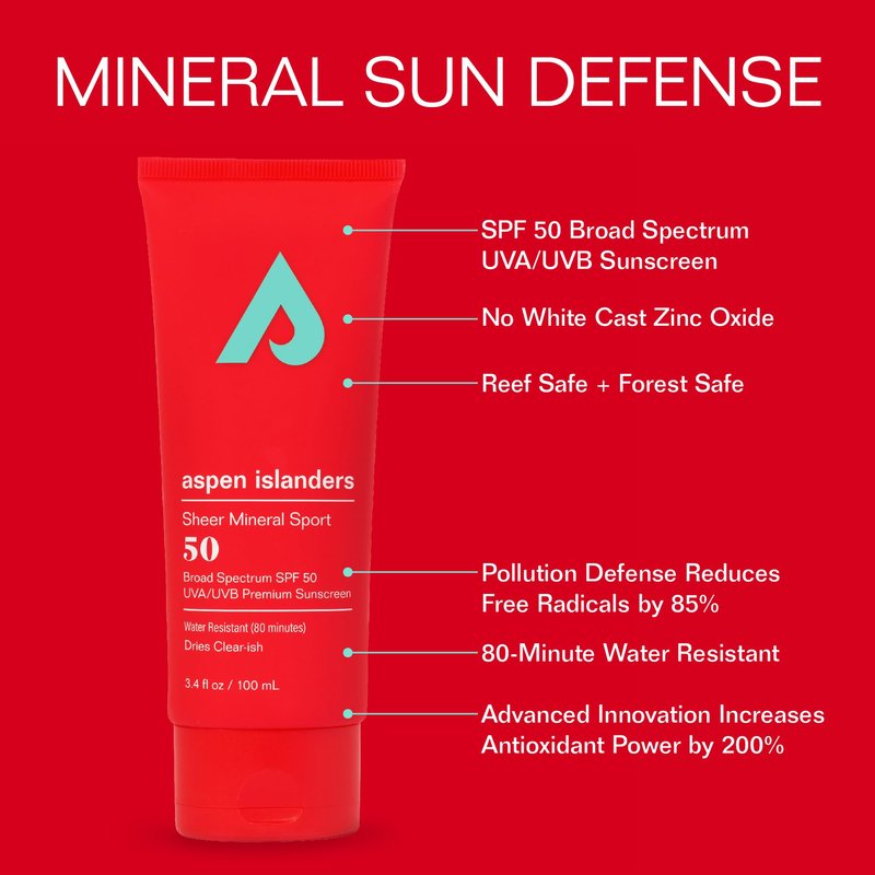 aspen islanders Hawaii Reef Compliant, SPF 50, No White Cast Mineral Sport Sunscreen Lotion | Face & Body | Anti-Aging | Non-Toxic | Water-Resistant | 3.4 fl oz