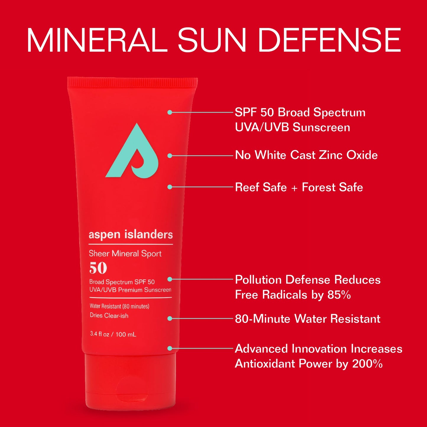 aspen islanders Hawaii Reef Compliant, SPF 50, No White Cast Mineral Sport Sunscreen Lotion | Face & Body | Anti-Aging | Non-Toxic | Water-Resistant | 3.4 fl oz