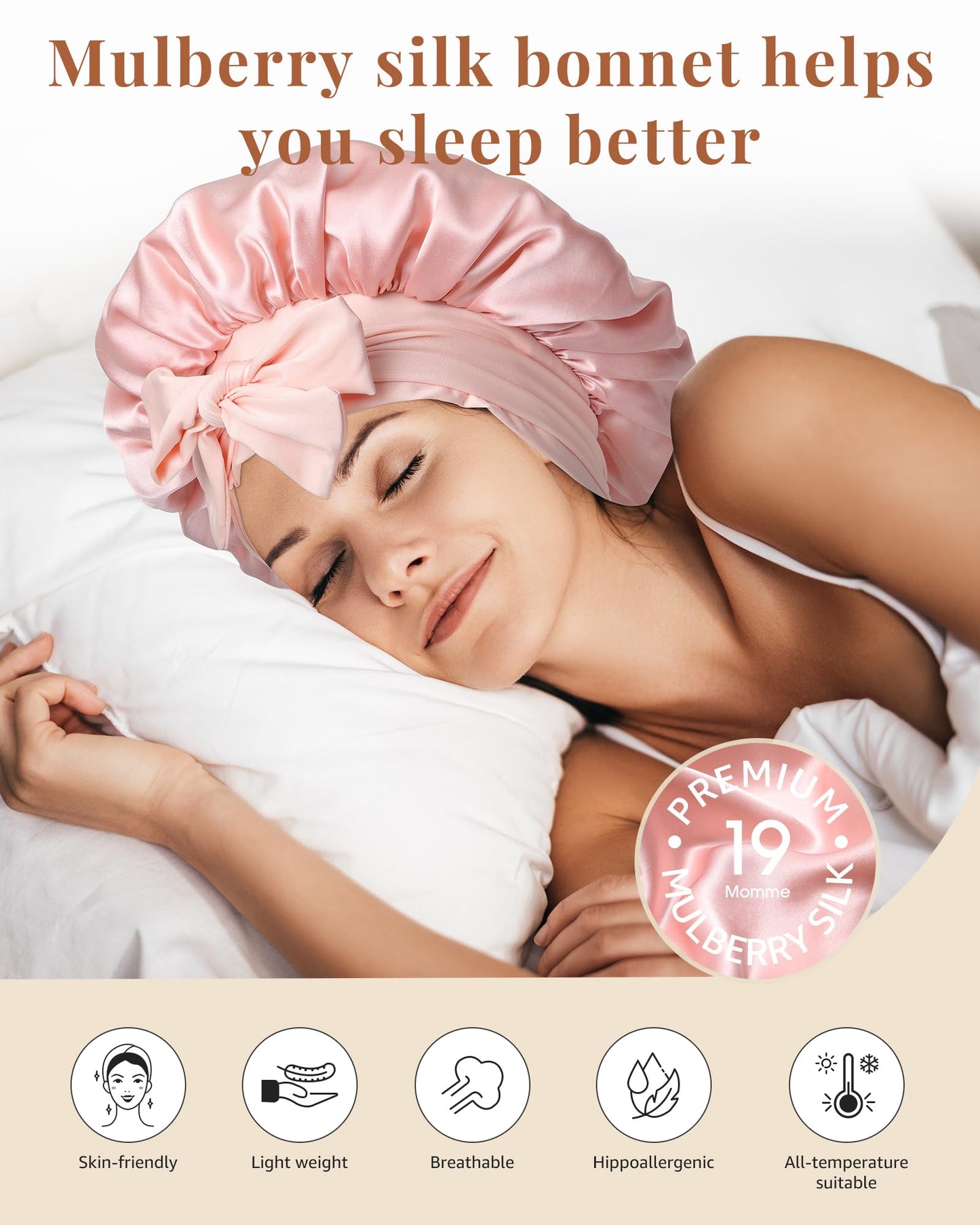 AWAYTR Silk Bonnet for Sleeping Women 100% Mulberry Silk Bonnet with Band 2 Layer Reversible Hair Bonnet Sleeping Hair Wrap (Pink/Beige)