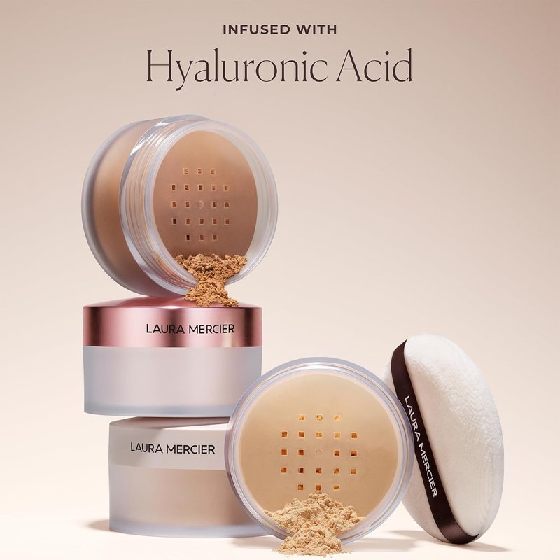 Laura Mercier Translucent Loose Setting Powder - Talc-Free, Ultra-Blur Finish, Hyaluronic Acid Infused | Tone-Up Rose, Velour Puff Bundle