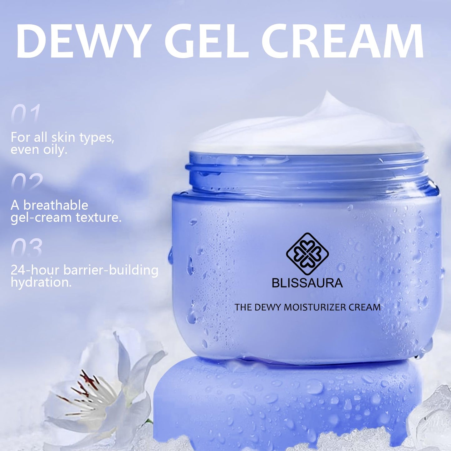 BlissAura Dewy Skin Cream - Deep Hydrating Face Moisturizer with Hyaluronic Acid - Lightweight Glowing Facial Cream for Dry & Sensitive Skin - Perfect Makeup Primer for Glass Skin Finish - 1.7 oz