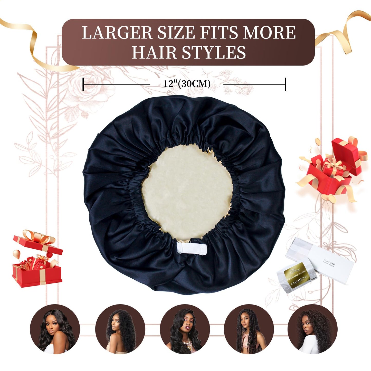 100% Mulberry Silk Bonnet for Sleeping Women Long Hair -Double Layer Sleep Cap -Silk Sleep Bonnet with Elastic Stay On Head (Black, Large)