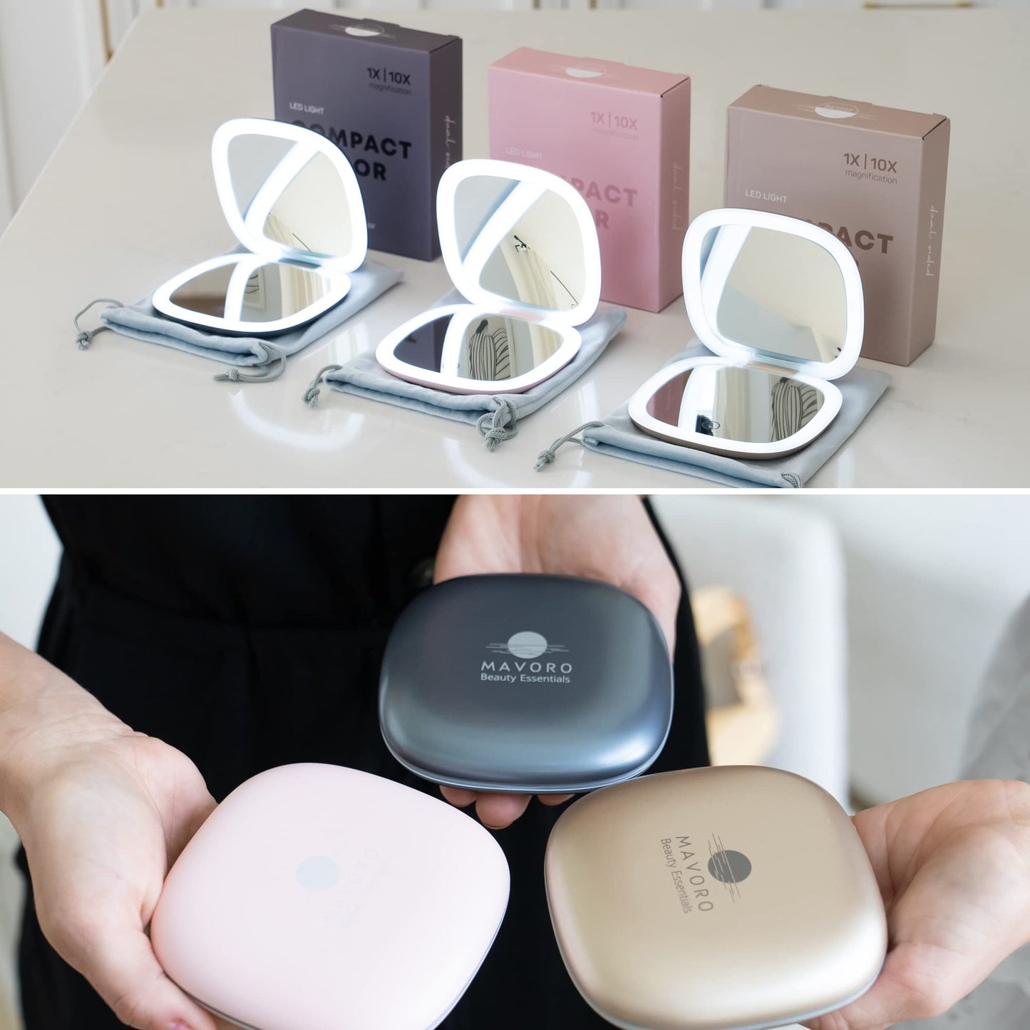 LED Lighted Travel Makeup Mirror 1x/10x, USB-C Rechargeable(Champagne Gold)