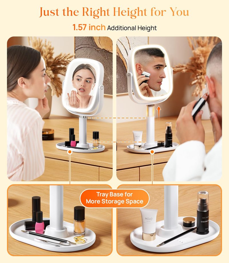 Lighted Makeup Mirror with 1X/10X Magnification - Adjustable Height, 4000mAh Battery, 3 Color Lights | White