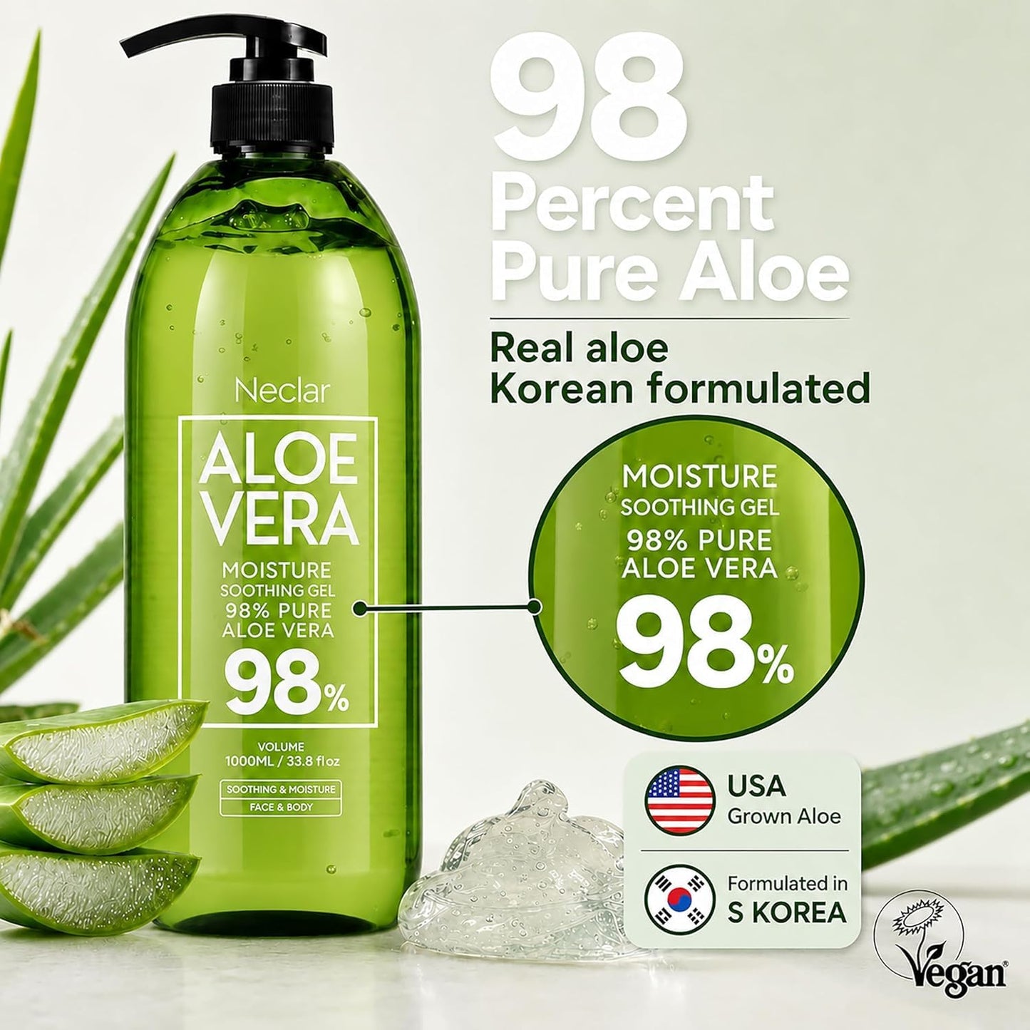 Neclar 98% Pure Aloe Vera Gel for Sunburn Relief - Big 33.8oz / 1000ml - Korean After Sun Care lotion For Face, Skin and Hair - Sun Burn Moisturizer Cream (33.8 Fl oz)