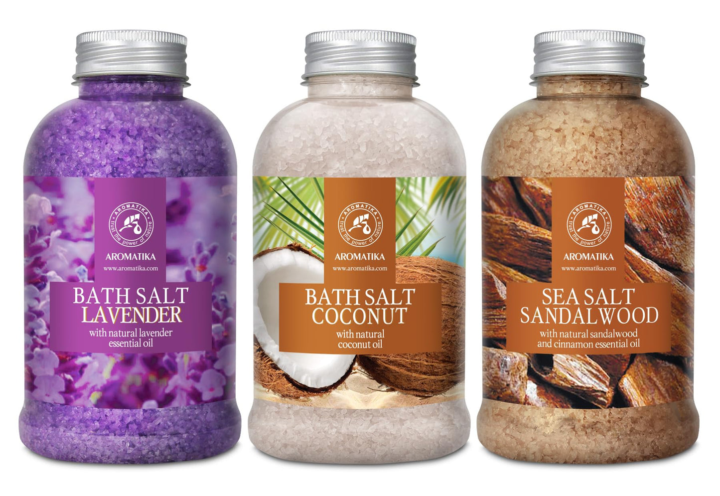 Bath Sea Salt Set 3х21.16Oz - Lavander & Coconut & Sandalwood - Lavender Essential Oil - Natural Coconut Oil - Sandalwood & Cinnamon Essential Oil - Aromatherapy - Relaxing - Body Care