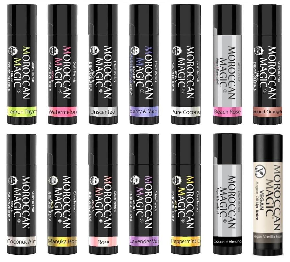 Moroccan Magic Organic Lip Balm & SPF15: 14 Piece Variety Pack Gift Set | Organic Argan and Essential Oils | Smooth | Natural | Non-Toxic | Cruelty Free | chapstick bulk lip balm | 14 Pack