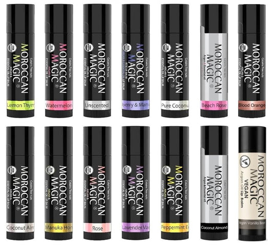 Moroccan Magic Organic Lip Balm & SPF15: 14 Piece Variety Pack Gift Set | Organic Argan and Essential Oils | Smooth | Natural | Non-Toxic | Cruelty Free | chapstick bulk lip balm | 14 Pack