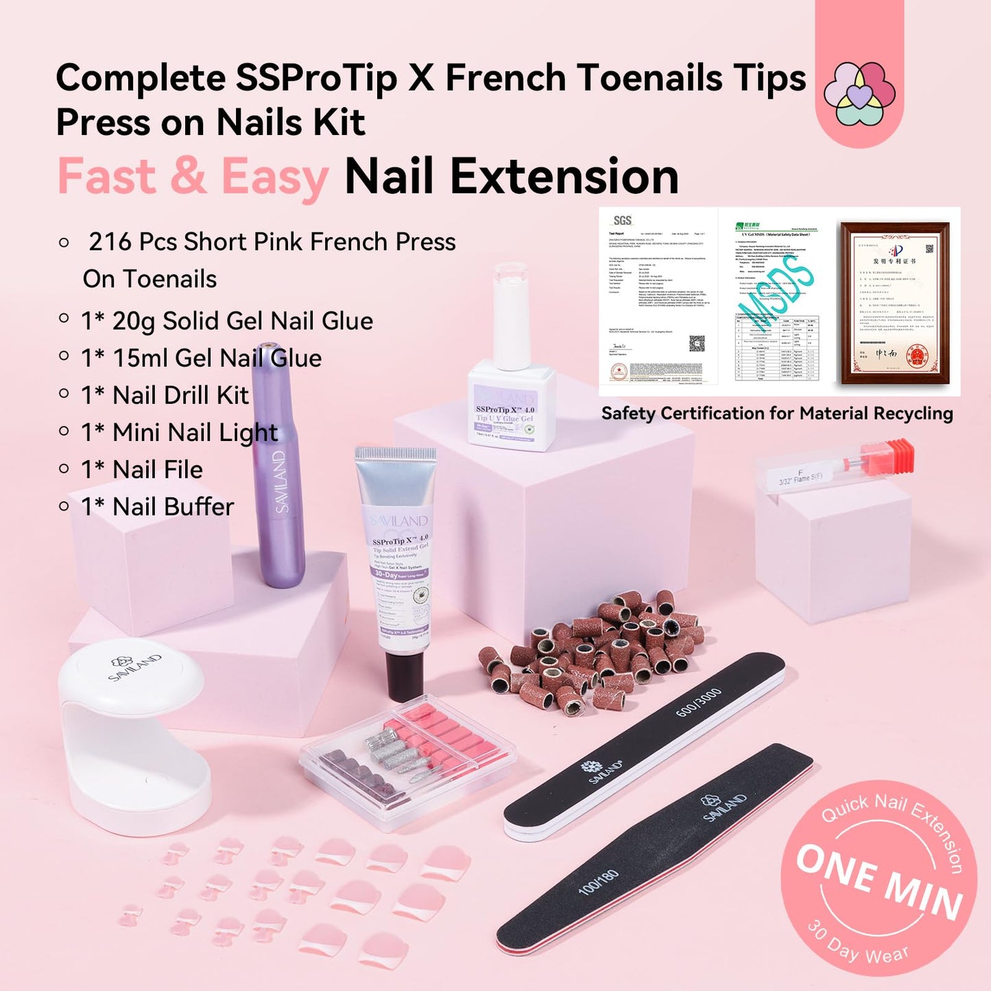 SAVILAND Gel Nail Kit for Toe: 18 Sizes All-In-1 Gel Nail X Kit with U V Light 216 Pcs Pink Toe Nail Press On with Solid Nail Glue VE & Castor Oil LED Nail Lamp Nail Drill Professional DIY Manicure