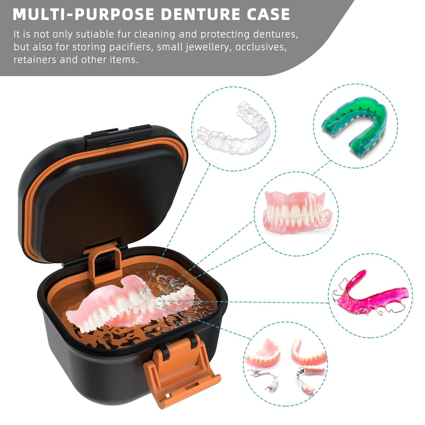 Leak Proof Denture Bath Cup - Portable Soaking Case with Strainer | Upgraded Storage Compartment (Black & Orange)