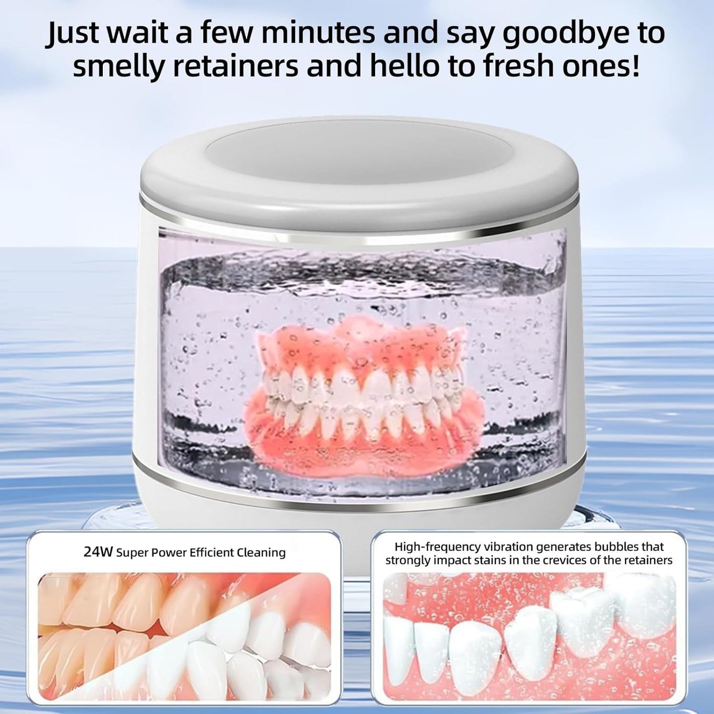 Ultrasonic Retainer Cleaner - Professional Dental Appliance Cleaning Device | 3 Modes, 230ml, White