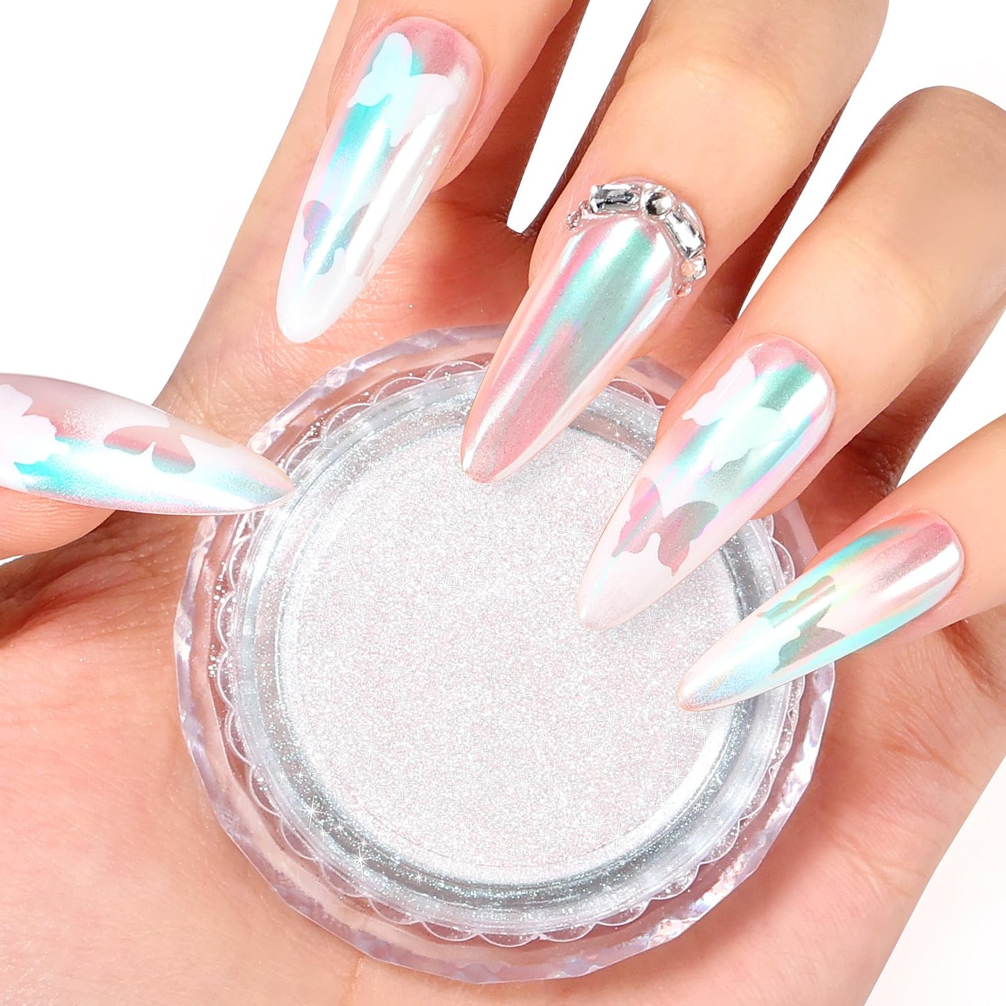 SAVILAND Unicorn Chrome Nail Powder: Highly Reflective Mermaid Aurora Pearl Chrome Powder Pearlescent Pigment Nail Art Glitter Decoration for Home DIY Nail Salon Manicure