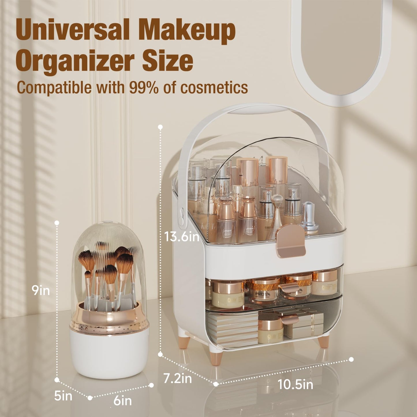 CLBDRESS Makeup Organizer Countertop & 360° Rotating Makeup Brush Holder, Skincare Holder with Lid and Drawers, Storage Box Cosmetic Display Cases, Teen Girl Gifts, Vanity, Bathroom Counter,Rose Gold