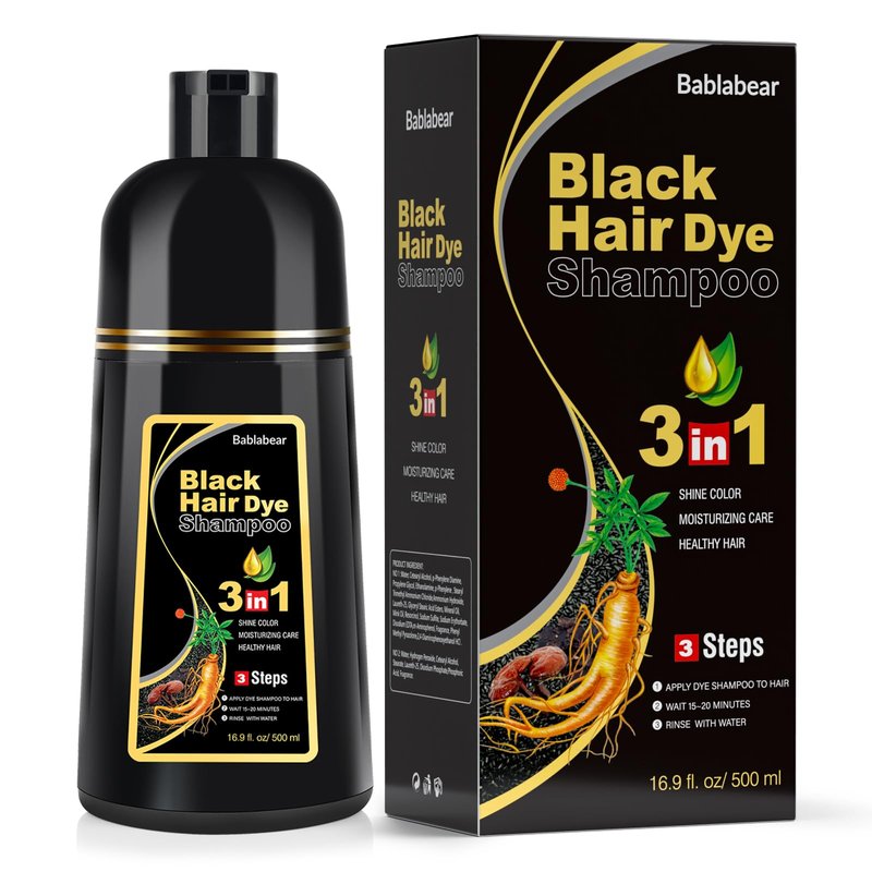 Bablabear Black Hair Dye Shampoo for Gray Hair, Semi-Permanent Hair Color Shampoo for Women and Men, Grey Coverage.500ml