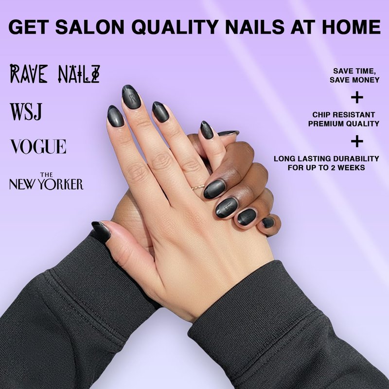 Rave Nailz Midnight French Tip Press On Nails (24 Count) | Matte Black 3D False Oval Press On Nail Short with Glossy Tip | Chip-Resistant Fake Nails with Glue, Includes File, Long-Lasting 2+ Weeks