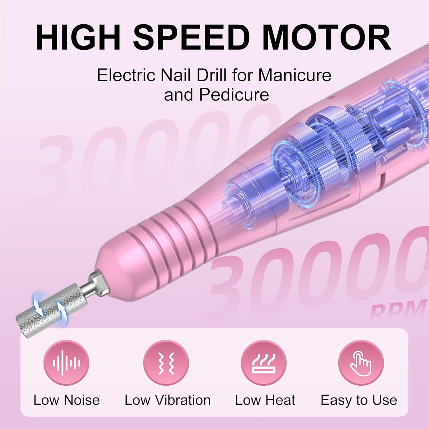 Professional Electric Nail Drill - COSYGLOW Glitter Cordless E-File Kit with 11 Bits | 30000 RPM Rechargeable for Acrylic Nails (Pink)