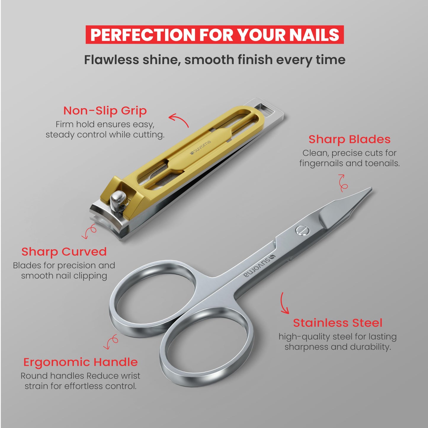 Suvorna Manicure kit with Cuticle Nippers, Nail Clippers, Nail Scissors, Cuticle Pusher, Nail File & Tweezer - Made with Stainless Steel - Nail Care kit for women, men, seniors, adults. (Red, 6 Pcs)