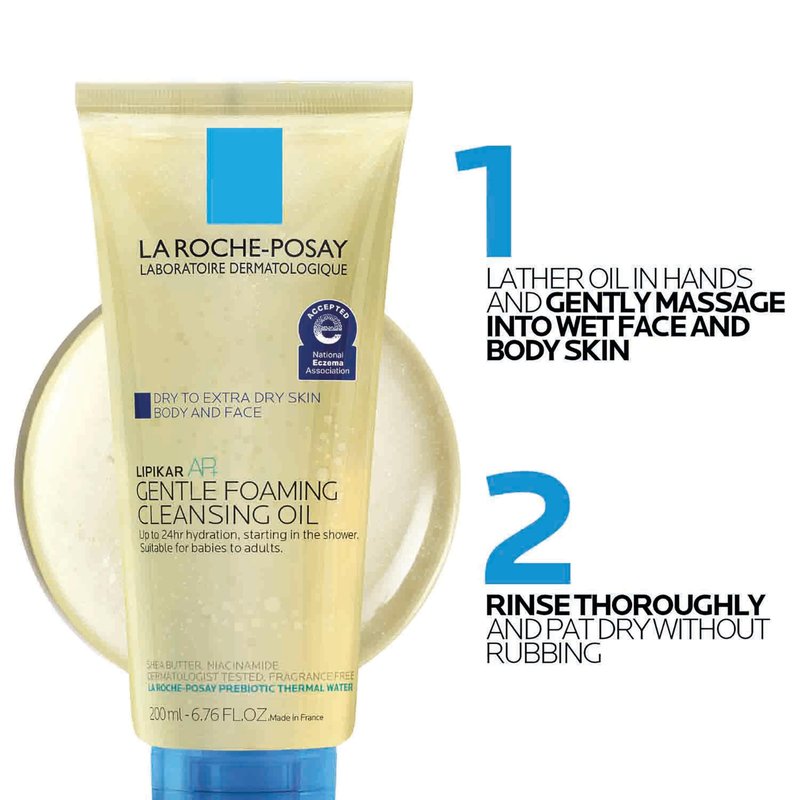 La Roche-Posay Lipikar AP+ Gentle Foaming Cleansing Oil, Gentle Oil Cleanser for Face and Body Formulated with Niacinamide, Long-Lasting 24-hour Hydration, Fragrance-Free & Soap Free, 200ml