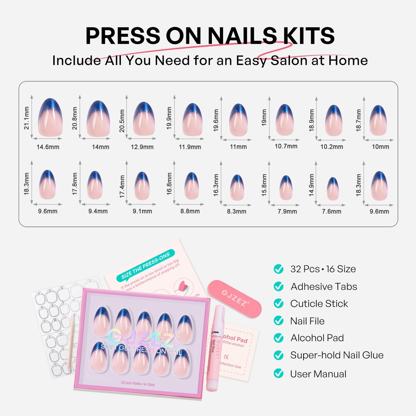 GJZEZ 32Pcs Press On Nails Soft Gel Fake Nail, Short Almond, Royal Blue