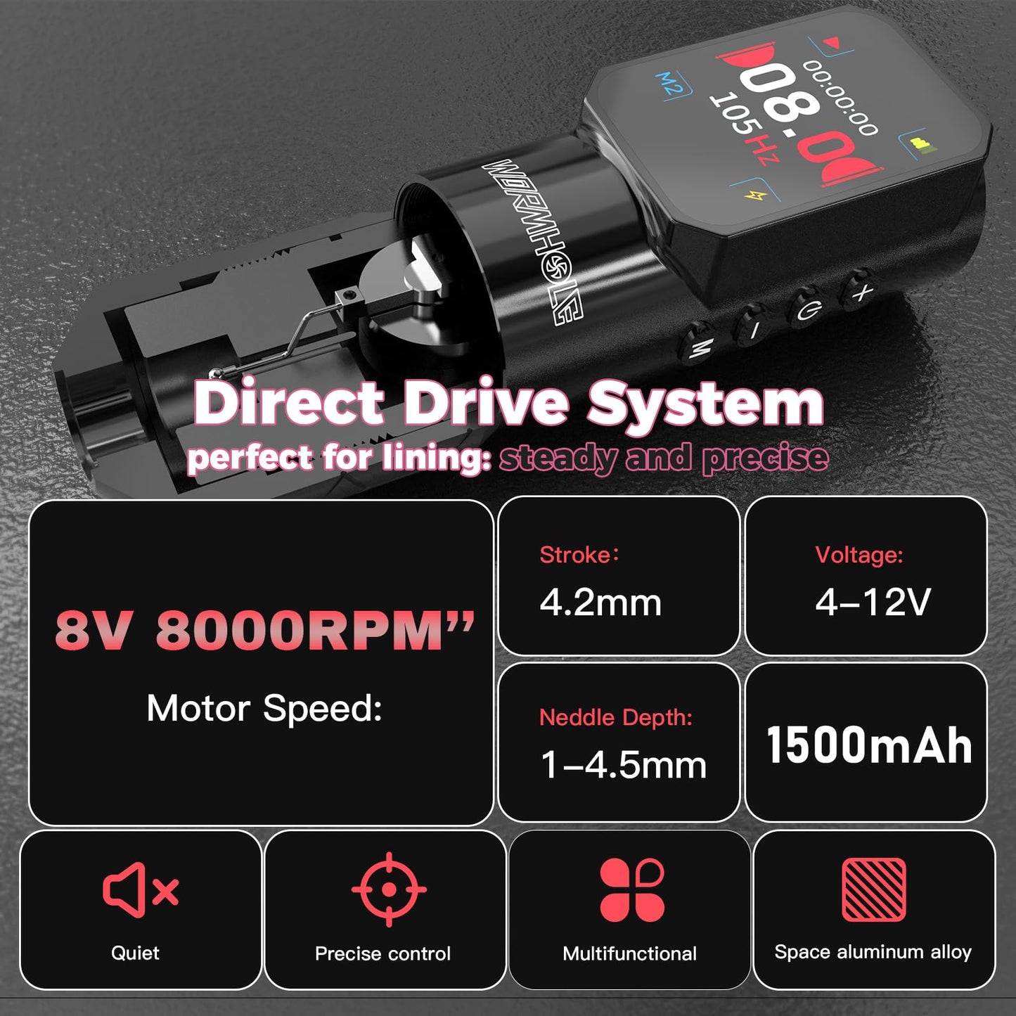 Wormhole Tattoo Gun Wireless Tattoo Machine 1500mAh Battery Aluminum Alloy Smart Tattoo Pen Dot Working Mode Multifunctional Machine for Professional Artist Black