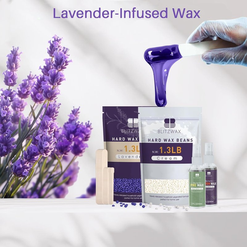 BLITZWAX Hard Wax Beads - Lavender & Cream for Sensitive Skin | 2.6lbs with 30 Sticks & 2 Oils