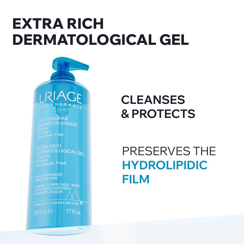 Uriage Extra-rich Dermatological Face & Body Wash for Sensitive Skin, Preserves the Hydrolipidic Film of the Skin, Fresh Foaming Body Cleanser, Paraben & Soap-Free, Physiological pH