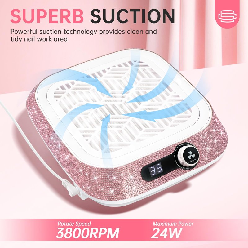 CHRISTINE SHELLY Nail Dust Collector, Professional Dust Collector Nail Tech, 3500 RPM Vacuum Fan Vent Dust Collector Extractor Dust Suction Machine for Acrylic Nails Polishing (Pink Diamond)