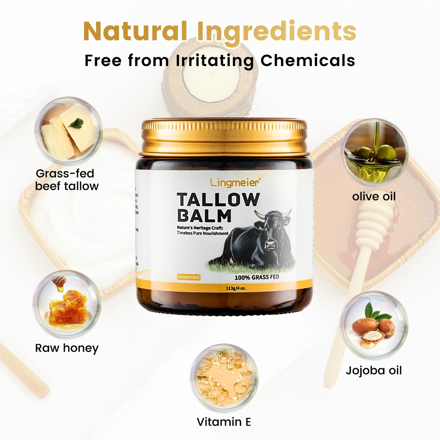 Lingmeier Whipped Beef Tallow Balm with Grass Fed Tallow and Honey, Unscented Natural Moisturizer for Dry Sensitive Skin, Eczema, Rosacea, 4 oz