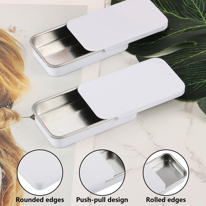 YAYODS 100 Pack Mini Tin Box Small Tin Containers with Slide Top Lids, Empty Mini Metal Tins with Lids for Storage Candies, Jewelry, Crafts, Pills, 2.36 X 1.3 X 0.4 (White)