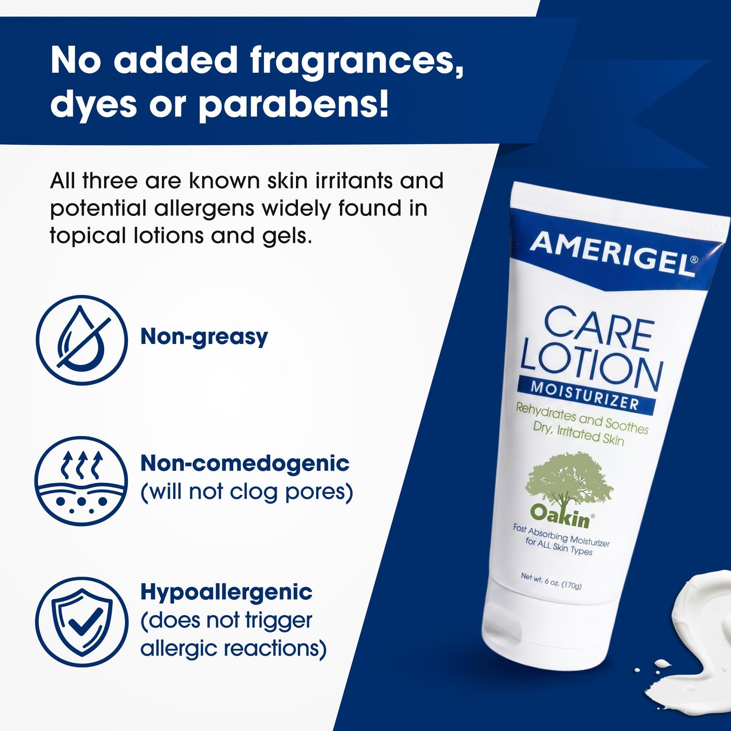 AMERIGEL Care Lotion – Hypoallergenic Moisturizer - Diabetic Skin Care - Rehydrates and Soothes Dry, Irritated Skin - 6 oz.