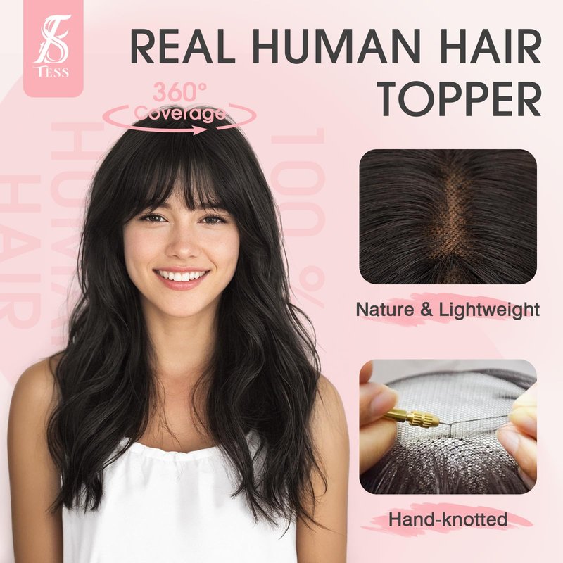 TESS Hair Topper Real Human Hair Toppers for Women with Thinning 11 Inch 360° Cover Clip in with Bangs Upgrade Lace Base Daily Wear, Nature Black