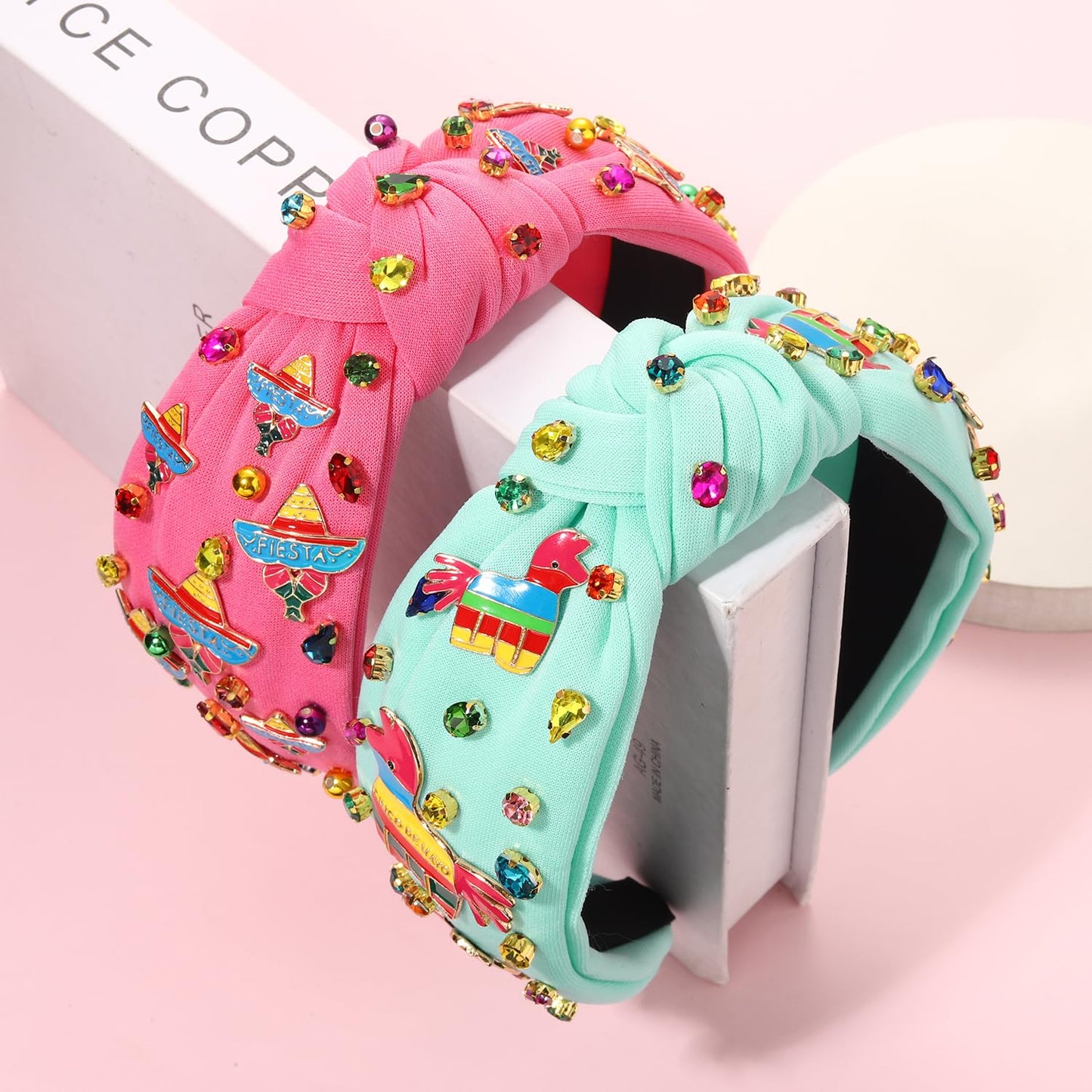 CEALXHENY Jeweled Mexican Headbands for Women, 2PCS Wide Top Knot Headband with Chili Pepper Charms, Fiesta Party Accessories, Cinco De Mayo Gifts (White, Hot Pink)