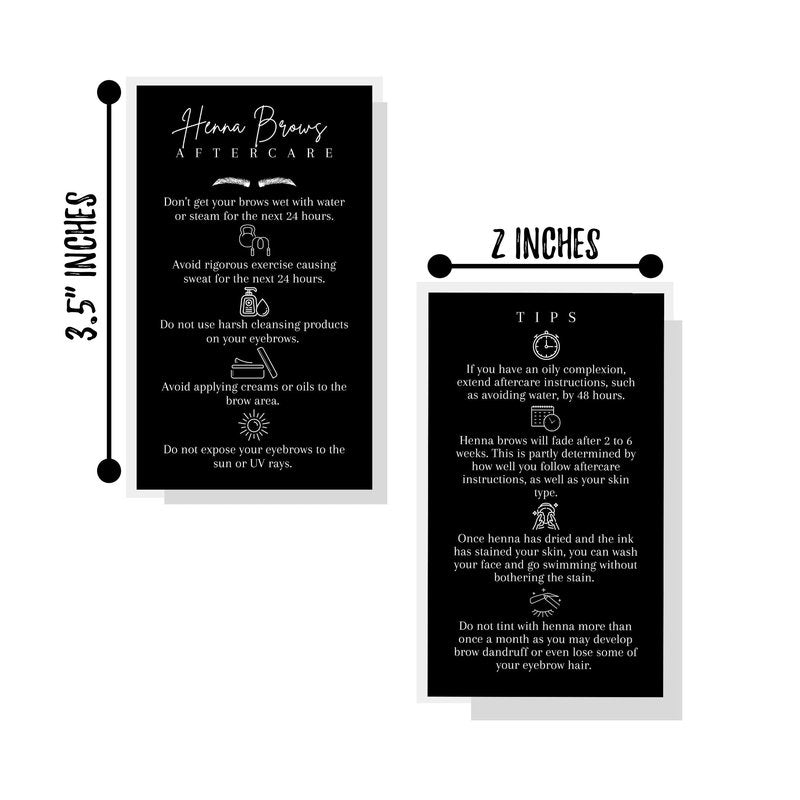 Brow Henna Aftercare & Tips Cards 50pk 2 x 3.5” Brow Artist Supplies Henna Brow Care Black and White Design