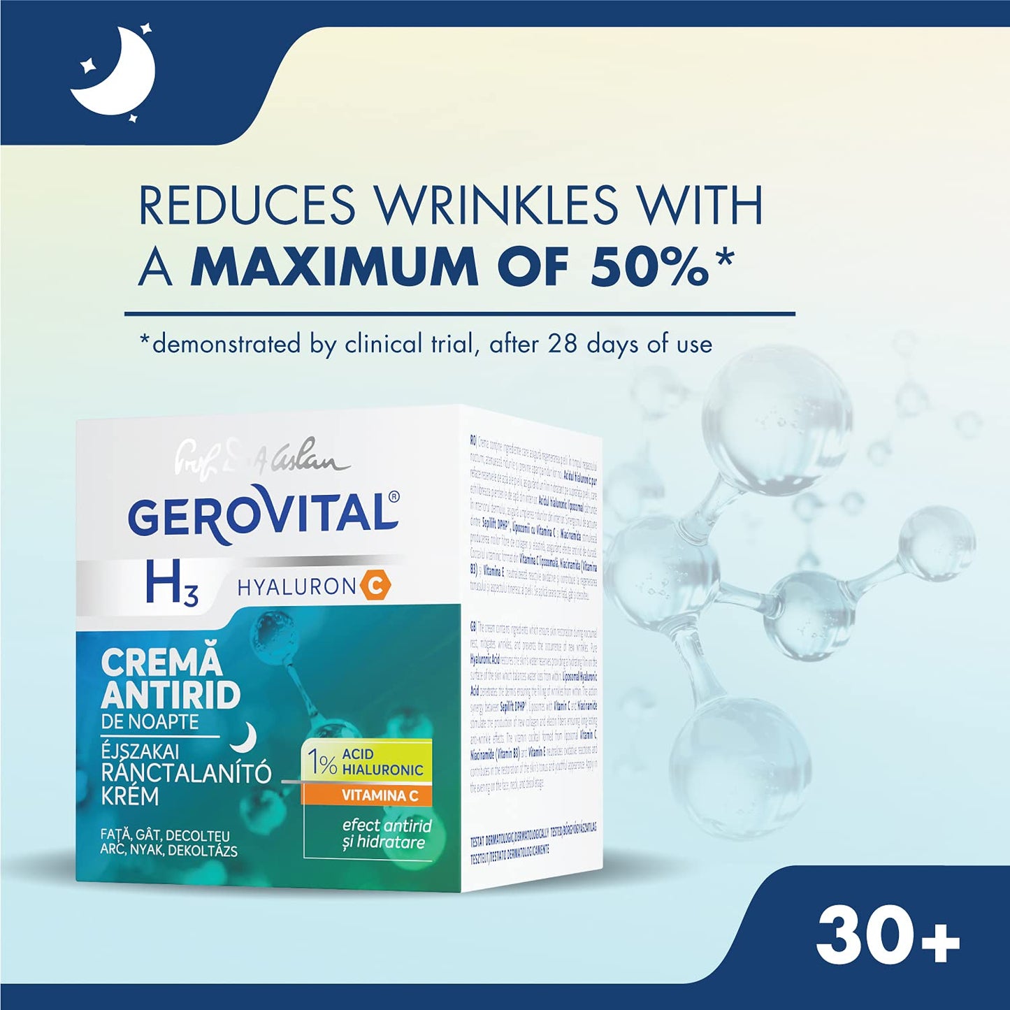 Gerovital Hyaluron C Anti-Wrinkle Night Cream - Hyaluronic Acid & Vitamins C/E | 50 ml for Dry/Normal Skin