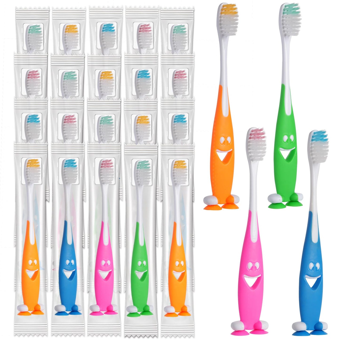 Newday 100 Pack Kids Toothbrush Bulk Soft Bristles Toddler Cute Toothbrush with Suction Cup, Includes Travel Covers, Individually Wrapped Toothbrushes for Kid Home School Daycare Camp (Shark)
