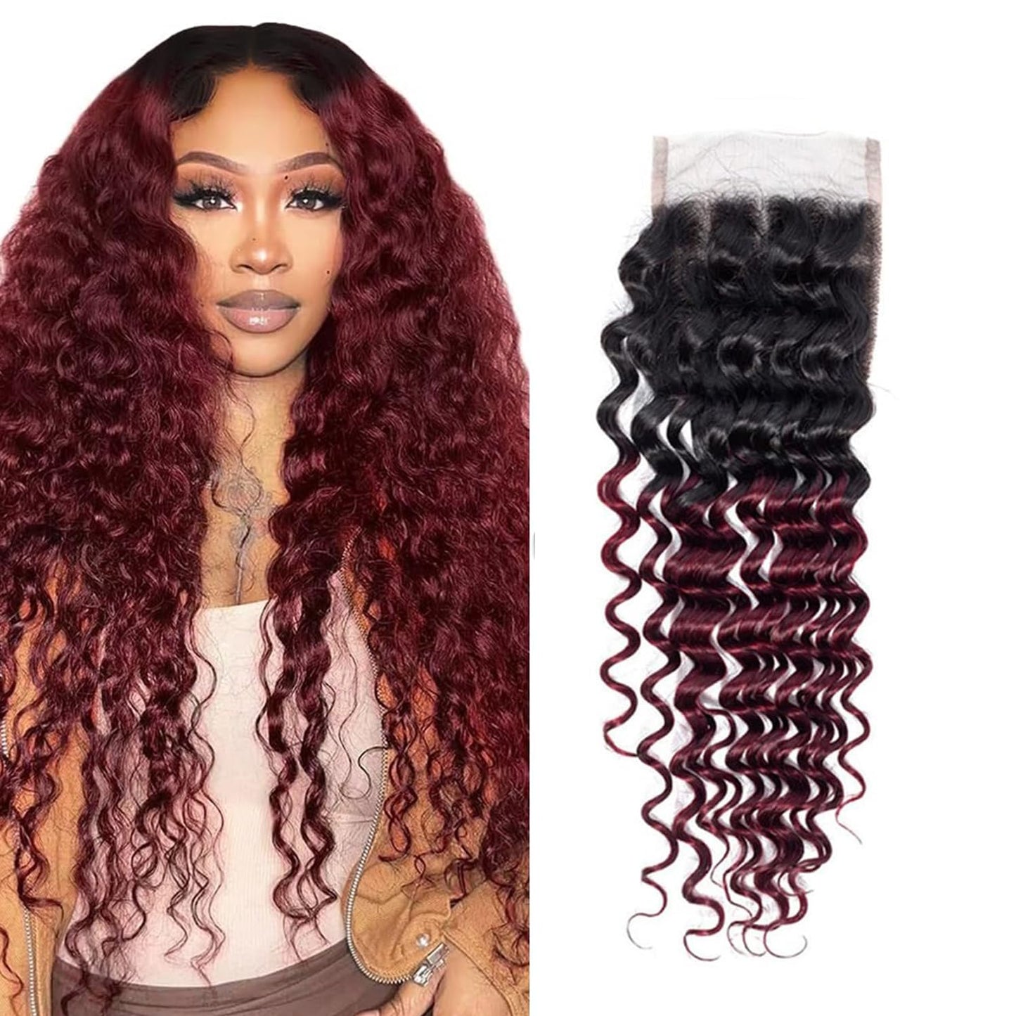Deep Wave Human Hair Closure - 20 Inch 4x4 HD Transparent Lace | Black Burgundy Curly, High Density