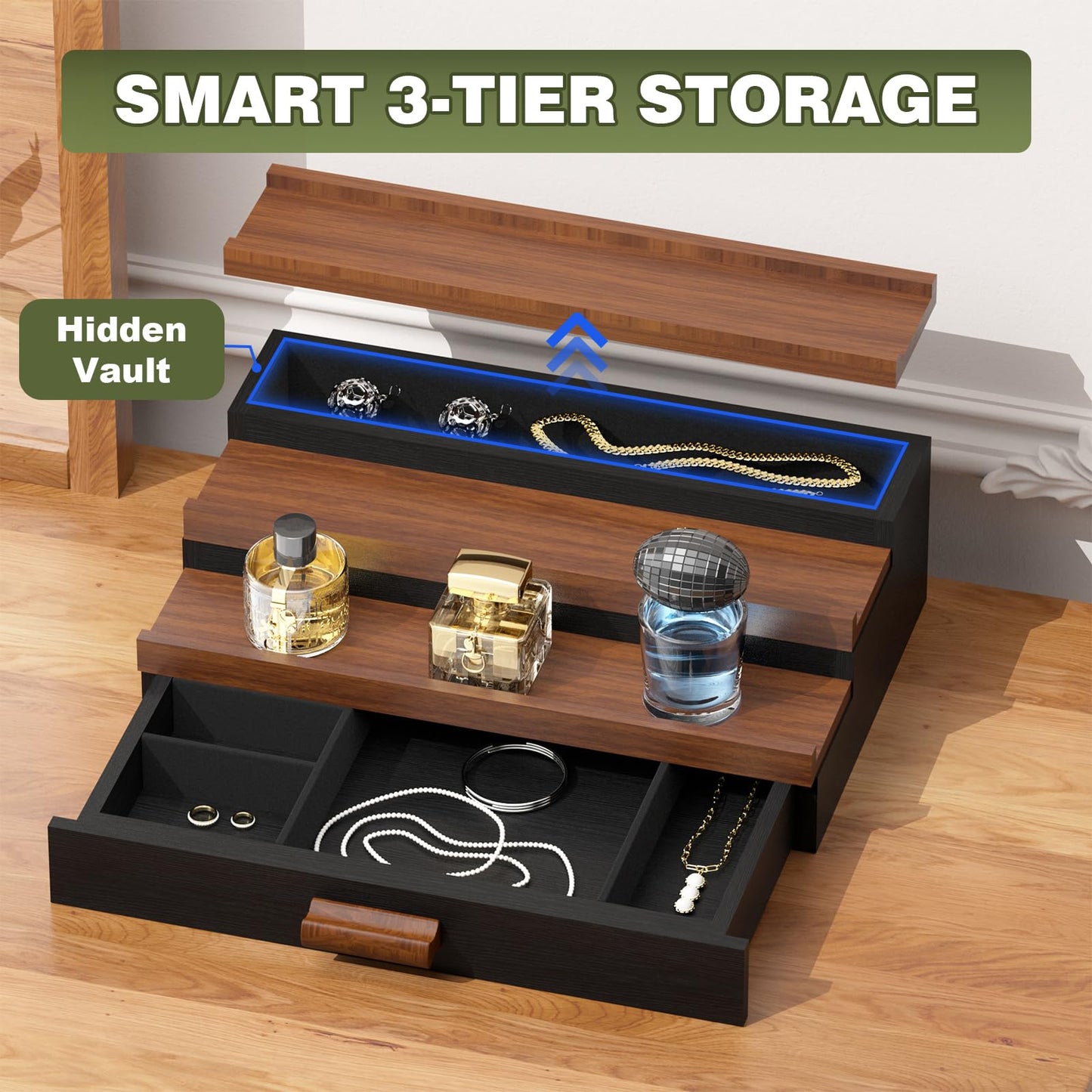 TIRYIUOU Perfume Cologne Organizer for Men: 3 Tier Wooden Perfumes Stand, Desktop Parfum Holder Wood Display Shelf with Cabinet, Bedroom Dresser Makeup Lotion Jewelry Storage Rack with Drawer