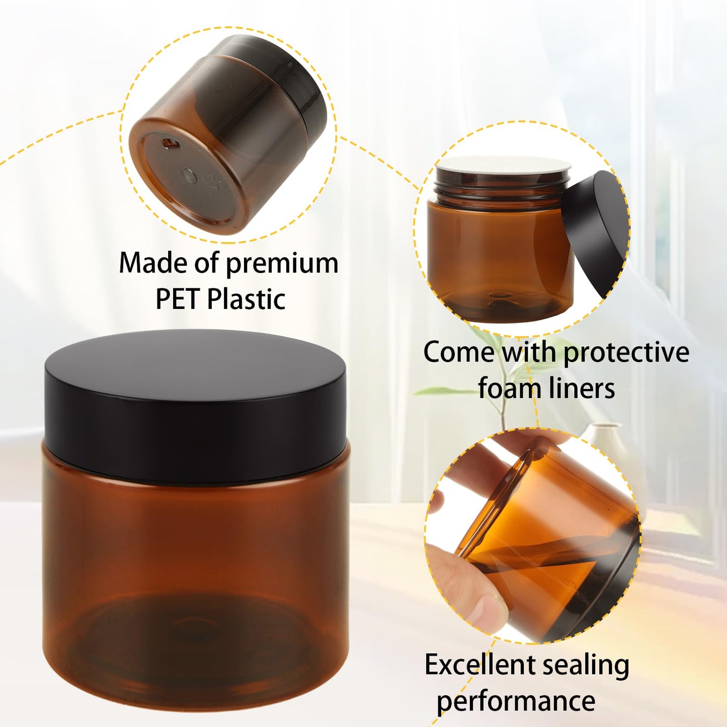 GBACHOOSE 50 Pack 2 oz Amber Plastic Jars with Lids, Round Cosmetic Jars Refillable Makeup Containers for Cream, Lotion, Powder, ointment, Beauty Products etc