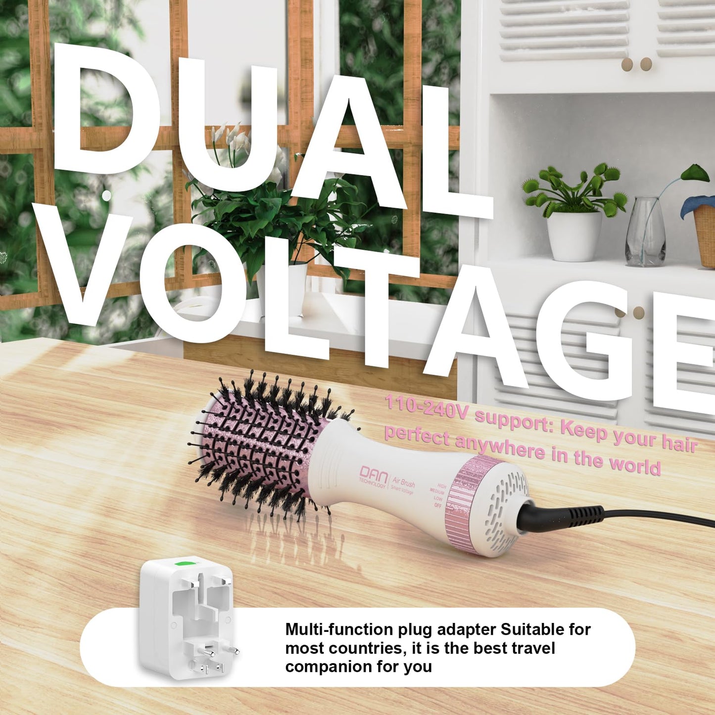 DAN Auto Dual Voltage Hair Dryer Brush(100V-240V),Travel Hair Dryer Brush with Multi-Function Plug Adapter,One Step Blow Dryer Brush and Styler Volumizer