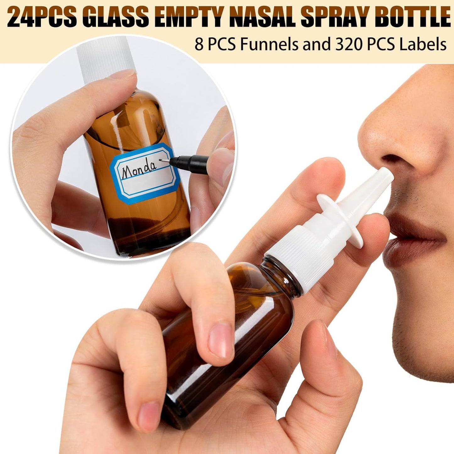Empty Nasal Spray Bottles - 40 Pcs Brown Glass Refillable Fine Mist with 8 Funnels & Labels | 30ML/1oz