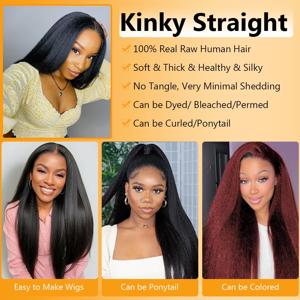 QTHAIR 18A Kinky Straight 4x4 HD Lace Closure 16" Curly Human Hair Lace Closure150% Density Top Swiss Lace Natural Kinky Straight Human Hair Closure Pre Plucked Natural Hairline with Baby Hair