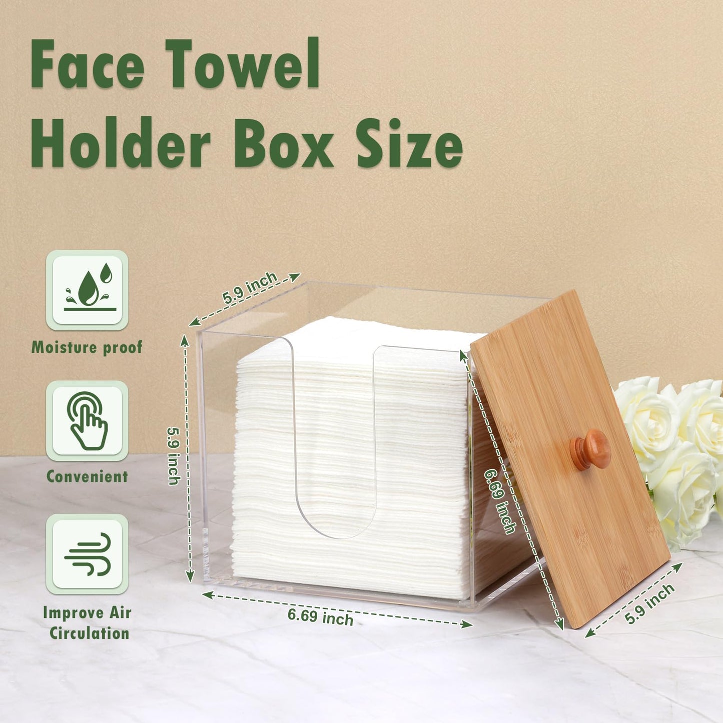 DLUGOPIS Disposable Face Towel Storage Box with Bamboo Lid XL Acrylic Face Towel Container Facial Towel Holder Clean Towels Box Dryer Sheet Container for Face Towels Wipe Bathroom Laundry Room