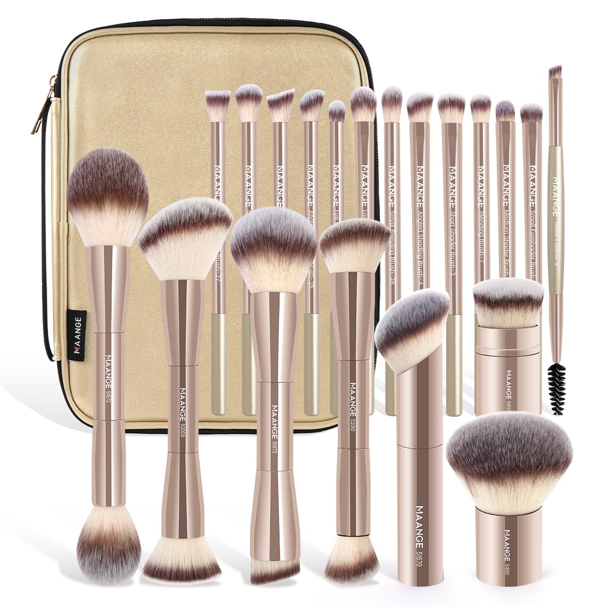 Makeup Brush Set - 20 PCS Double-Ended Kabuki & Foundation Brushes | Gold Case for Blending & Contouring