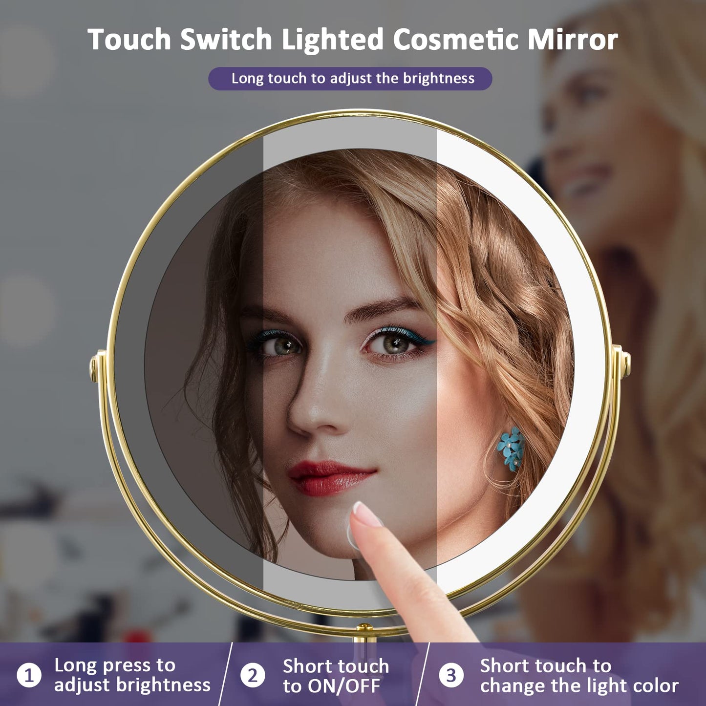 AMZTOLIFE Gold Makup Mirror with Lights, 10X Magnifying Lighted Vanity Mirror, 8 Inches 360 Swivel Two-Sided Tabletop Mirror Gold Finish