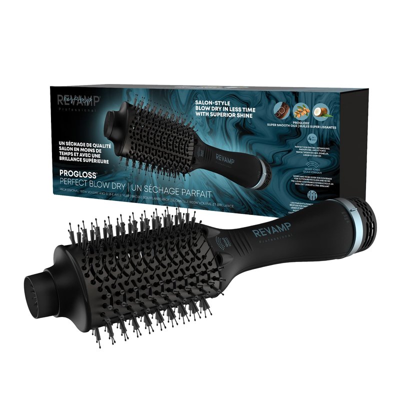 Revamp Progloss Perfect Blow Dry Volume Styler - Ceramic Barrel Hair Dryer Brush for Wet or Dry Styling, Infused with Progloss Oils for Frizz-Free Shine - Auto-Off & 9' Swivel Cord
